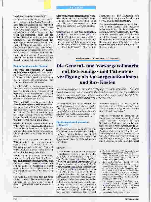Vorschauseite 1: Die Generalund Vorsorgevollmacht mit Betreuungsund Patientenverfügung als Vorsorgemaßnahmen und ihre Kosten