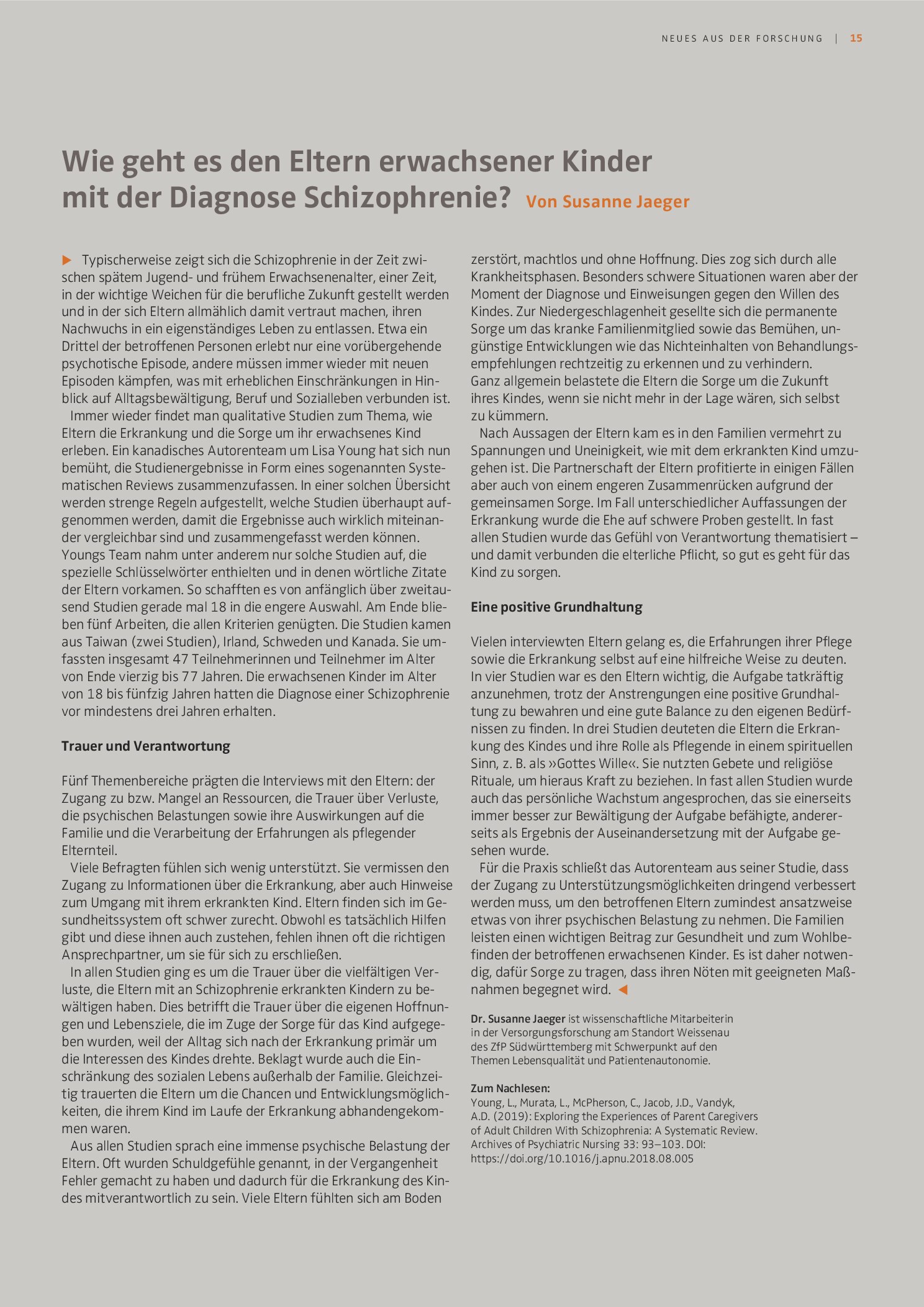 Vorschauseite 1: Wie geht es den Eltern erwachsener Kinder mit der Diagnose Schizophrenie?