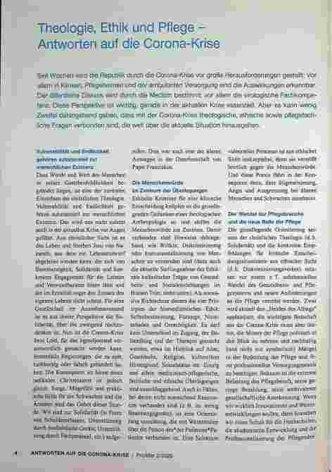 Vorschauseite 1: Theologie, Ethik und Pflege - Antworten auf die Corona-Krise