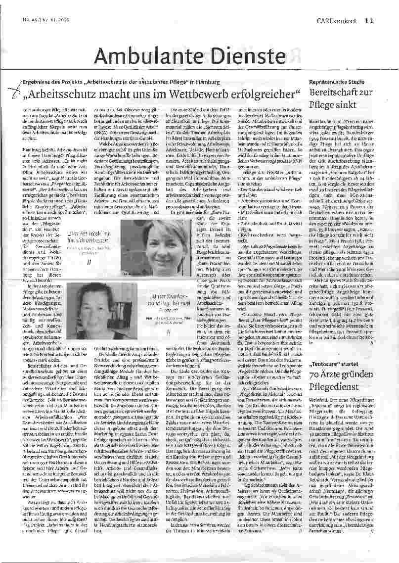 Vorschauseite 1: Ergebnisse des Projekts Arbeitsschutz in der ambulanten Pflege in Hamburg - Arbeitsschutz macht uns im Wettbewerb erfolgreicher