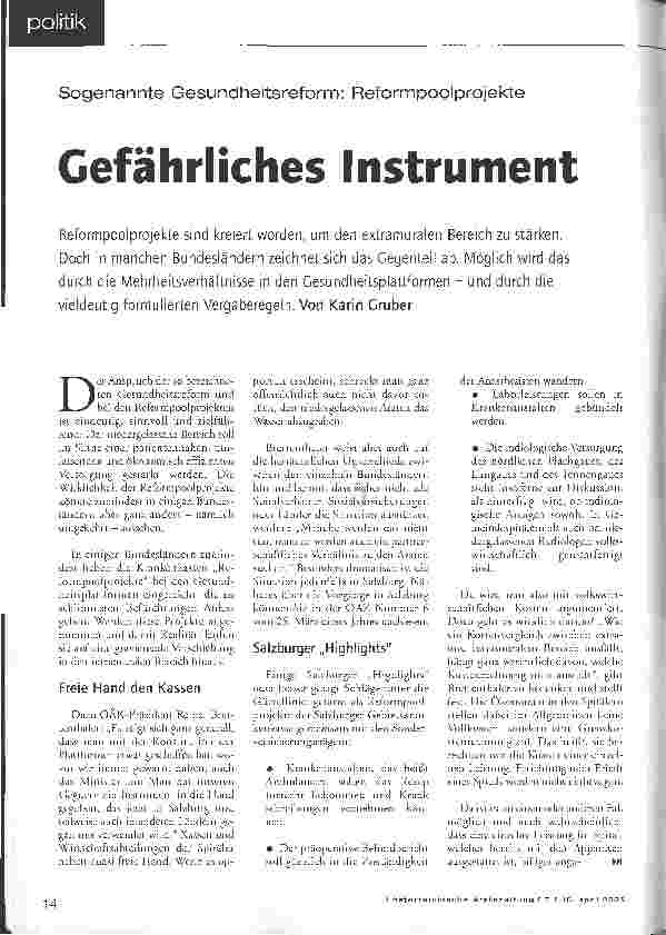 Vorschauseite 1: Sogenannte Gesundheitsreform: ReformpoolprojekteGefährliches Instrument