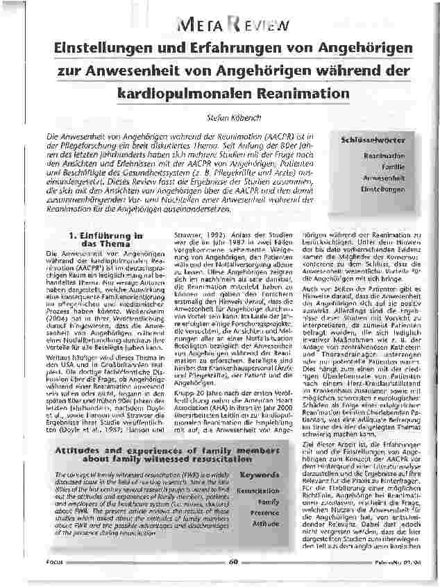 Vorschauseite 1: Einstellungen und Erfahrungen von Angehörigen zur Anwesenheit von Angehörigen während der kardiopulmonalen Reanimation