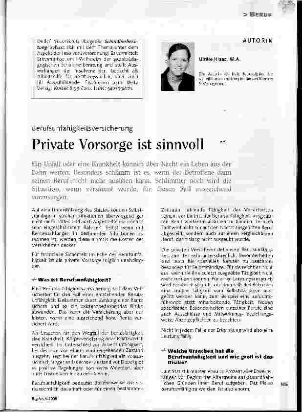 Vorschauseite 1: Berufsunfähigkeitsversicherung - Private Vorsorge ist sinnvoll