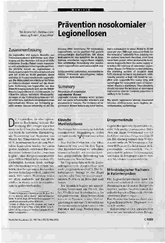 Vorschauseite 1: Prävention nosokomialer Legionellosen
