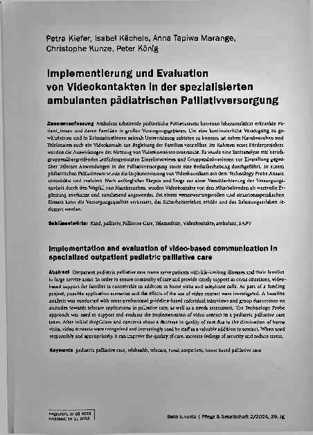 Vorschauseite 1: Implementierung und Evaluation von Videokontakten in der spezialisierten ambulanten pädiatrischen Palliativversorgung