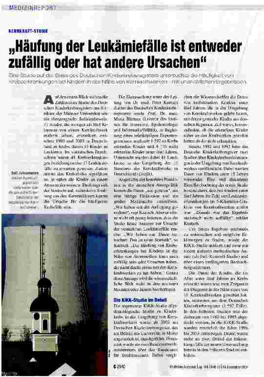 Vorschauseite 1: Häufung der Leukämiefälle ist entweder zufällig oder hat andere Ursachen