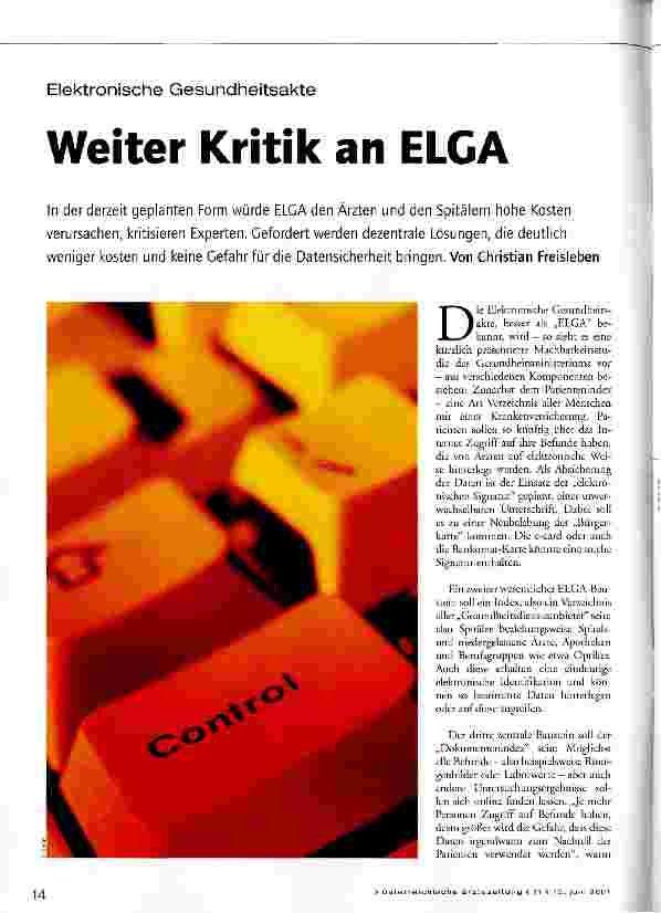 Vorschauseite 1: Weiter Kritik an ELGA