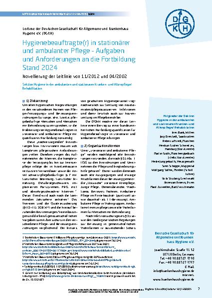 Vorschauseite 1: Hygienebeauftragte(r) in stationärer und ambulanter Pflege – Aufgaben und Anforderungen an die Fortbildung Stand 2024