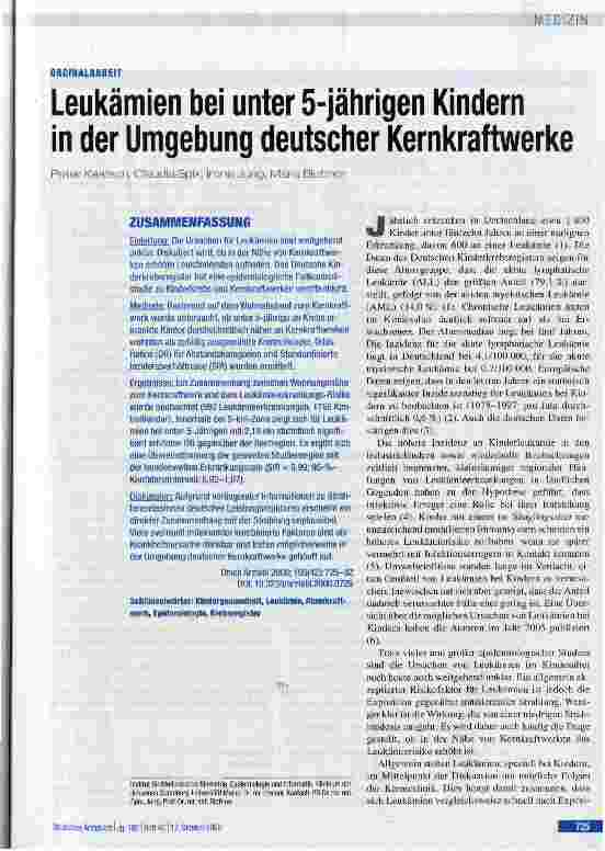 Vorschauseite 1: Leukämien bei unter 5-jährigen Kindern in der Umgebung deutscher Kernkraftwerke