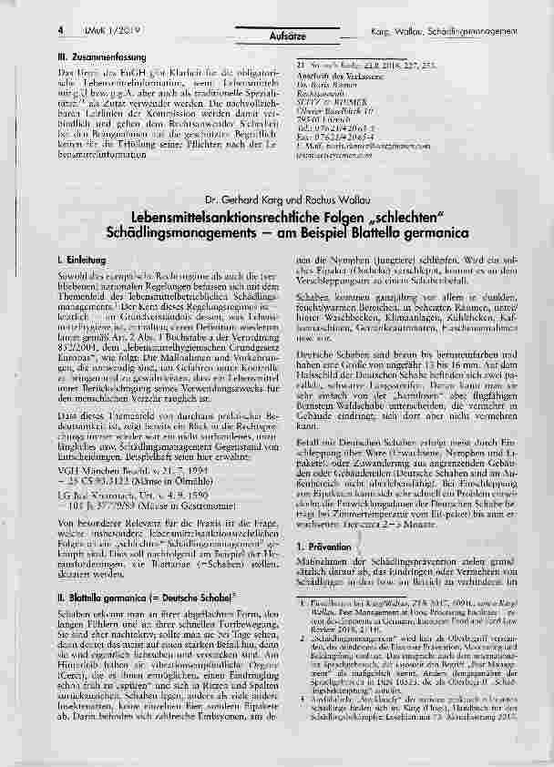 Vorschauseite 1: Lebensmittelsanktionsrechtliche Folgen schlechten Schädlingsmanagements am Beispiel Blattella germanica
