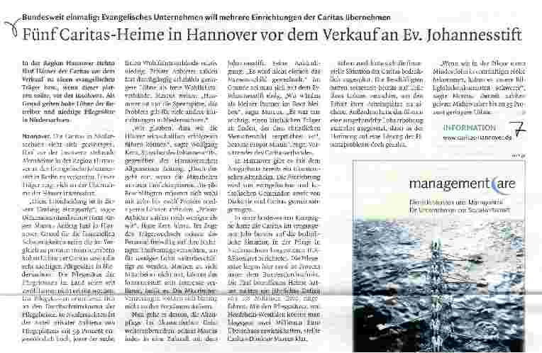 Vorschauseite 1: Fünf Caritas-Heime in Hannover vor dem Verkauf an Ev. Johannesstift