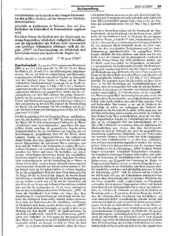 Vorschauseite 2: Löschung der Wortmarke „JAVA für Schokolade und Schokoladenwaren wegen entgegenstehenden Freihaltebedürfnisses