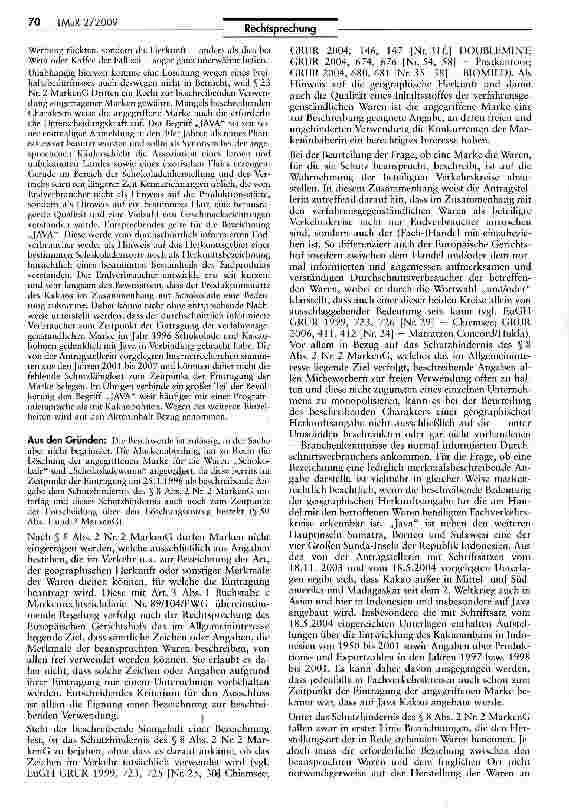 Vorschauseite 3: Löschung der Wortmarke „JAVA für Schokolade und Schokoladenwaren wegen entgegenstehenden Freihaltebedürfnisses