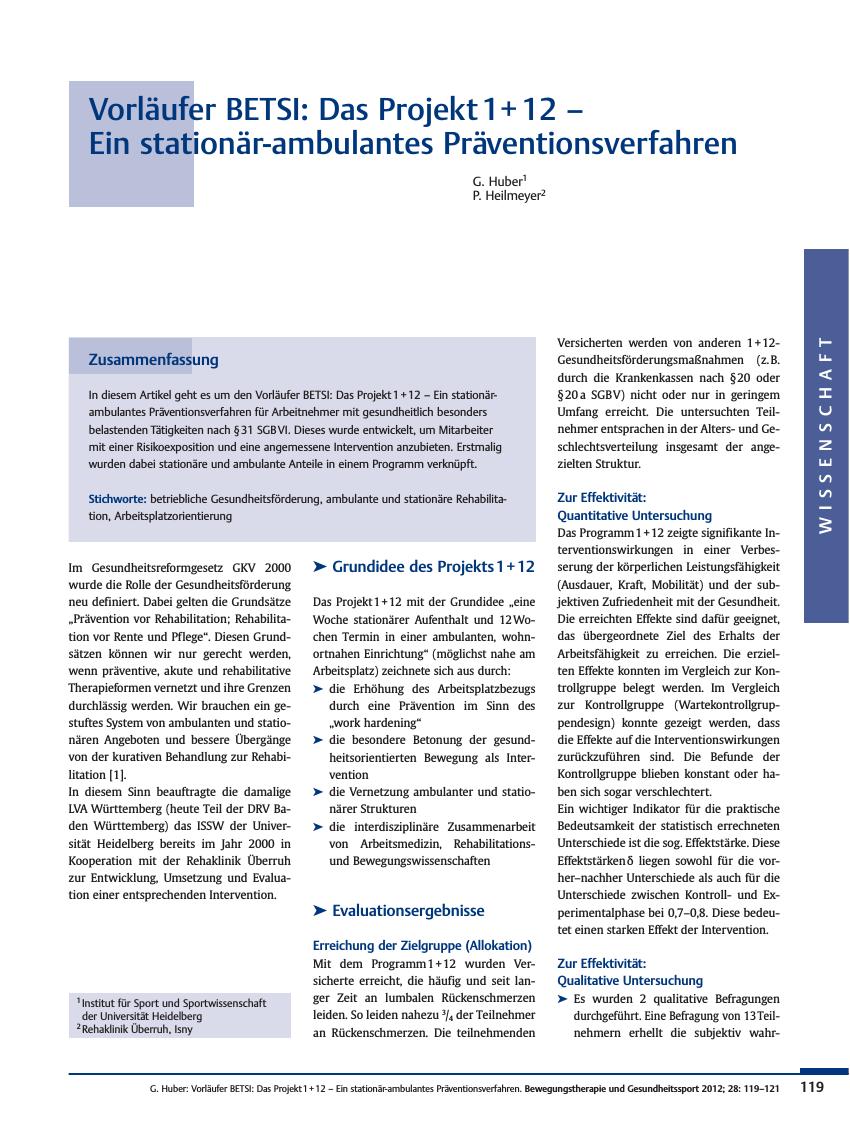 Vorschauseite 1: Vorläufer BETSI: Das Projekt 1 + 12 – Ein stationär-ambulantes Präventionsverfahren