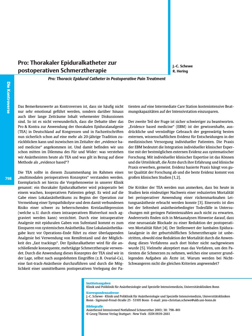 Vorschauseite 1: Pro: Thorakaler Epiduralkatheter zur postoperativen Schmerztherapie