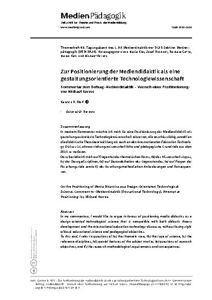 Vorschauseite 1: Zur Positionierung der Mediendidaktik als eine gestaltungsorientierte Technologiewissenschaft
