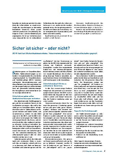 Vorschauseite 1: Sicher ist sicher – oder nicht? BGW test hat Blutentnahmesysteme, Venenverweilkanülen und Abwurfbehälter geprüft