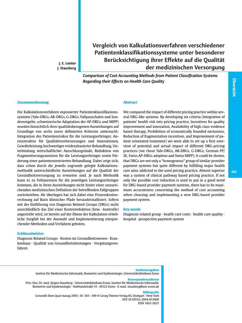Vorschauseite 1: Vergleich von Kalkulationsverfahren verschiedener Patientenklassifikationssysteme unter besonderer Berücksichtigung ihrer Effekte auf die Qualität der medizinischen Versorgung