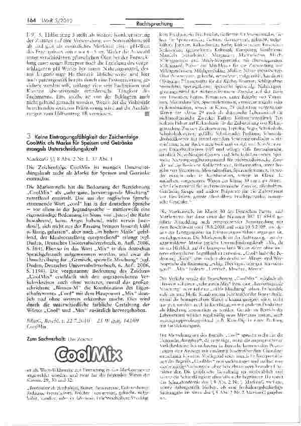 Vorschauseite 1: Keine Eintragungsfähigkeit der Zeichenfolge CoolMix als Marke für Speisen und Getränke mangels Unterscheidungskraft