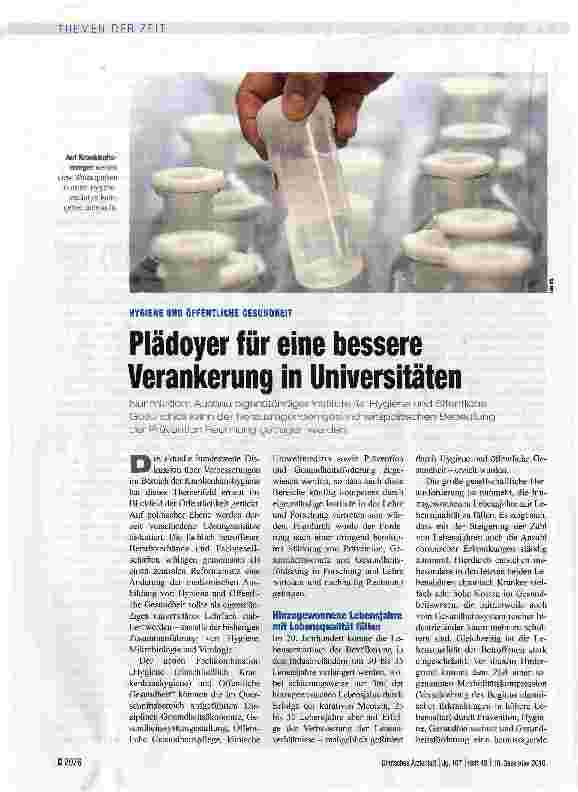 Vorschauseite 1: Plädoyer für eine bessere Verankerung in UniversitätenNur mit dem Ausbau eigenständiger Institute für Hygiene und öffentliche Gesundheit kann der herausragenden gesundheitspoütisc…