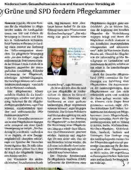 Vorschauseite 1: Grüne und SPD fordern Pflegekammer