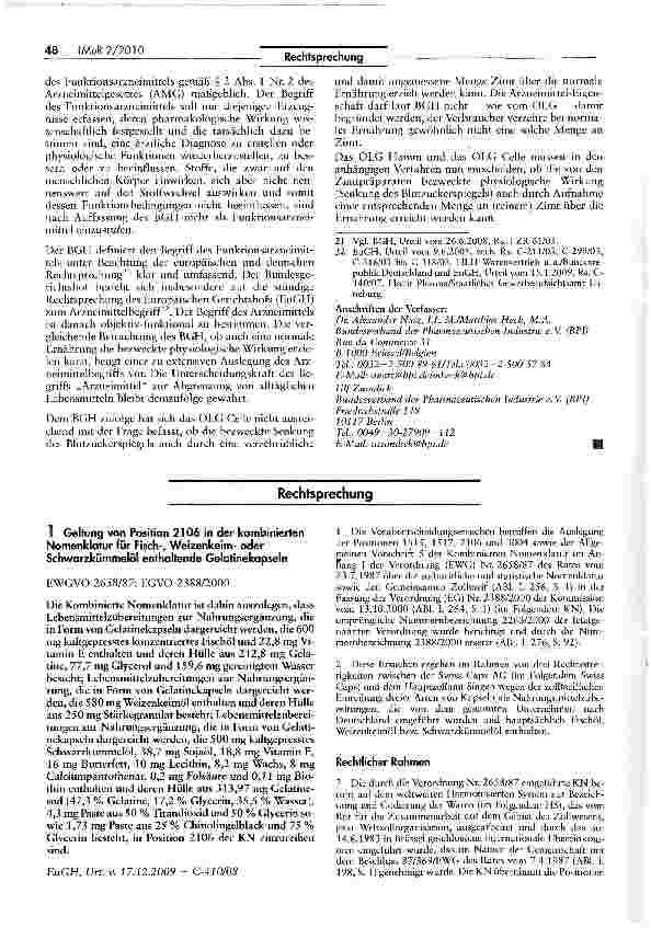 Vorschauseite 1: Geltung von Position 2106 in der kombinierten Nomenklatur für Fisch-, Weizenkeimoder Schwarzkümmelöl enthaltende Gelatinekapseln