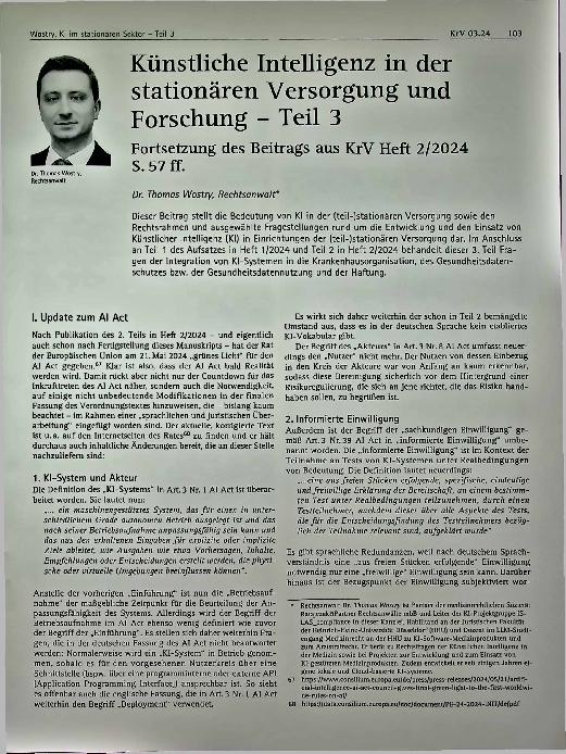Vorschauseite 1: Künstliche Intelligenz in der stationären Versorgung und Forschung - Teil 3