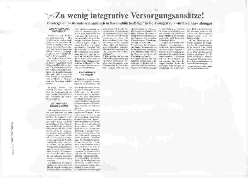 Vorschauseite 1: Zu wenig integrative Versorgungsansätze! Bundesgesundheitsministerin sieht sich in ihrer Politik bestätigt