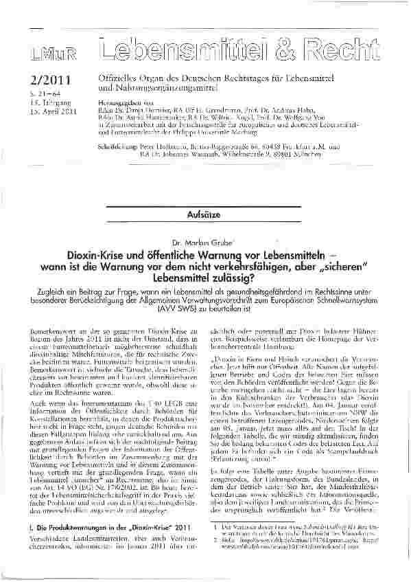 Vorschauseite 1: Dioxin-Krise und öffentliche Warnung vor Lebensmitteln — wann ist die Warnung vor dem nicht verkehrsfähigen, aber „sicheren Lebensmittel zulässig?