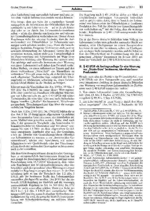Vorschauseite 3: Dioxin-Krise und öffentliche Warnung vor Lebensmitteln — wann ist die Warnung vor dem nicht verkehrsfähigen, aber „sicheren Lebensmittel zulässig?