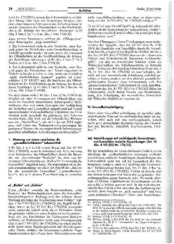 Vorschauseite 4: Dioxin-Krise und öffentliche Warnung vor Lebensmitteln — wann ist die Warnung vor dem nicht verkehrsfähigen, aber „sicheren Lebensmittel zulässig?
