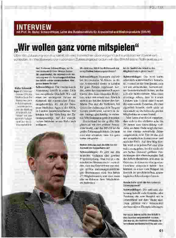 Vorschauseite 1: „Wir wollen ganz vorne mitspielenÜber die Zulassung von Arzneimitteln wird inzwischen überwiegend auf europäischer Ebene entschieden, im Wettbewerb der nationalen Zulassungsbehörd…
