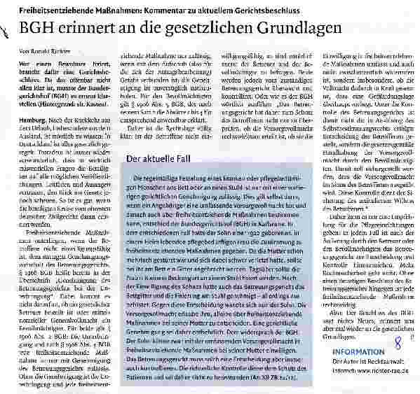 Vorschauseite 1: Freiheitsentziehende Maßnahmen: Kommentar zu aktuellem GerichtsbeschlussBGH erinnert an die gesetzlichen Grundlagen