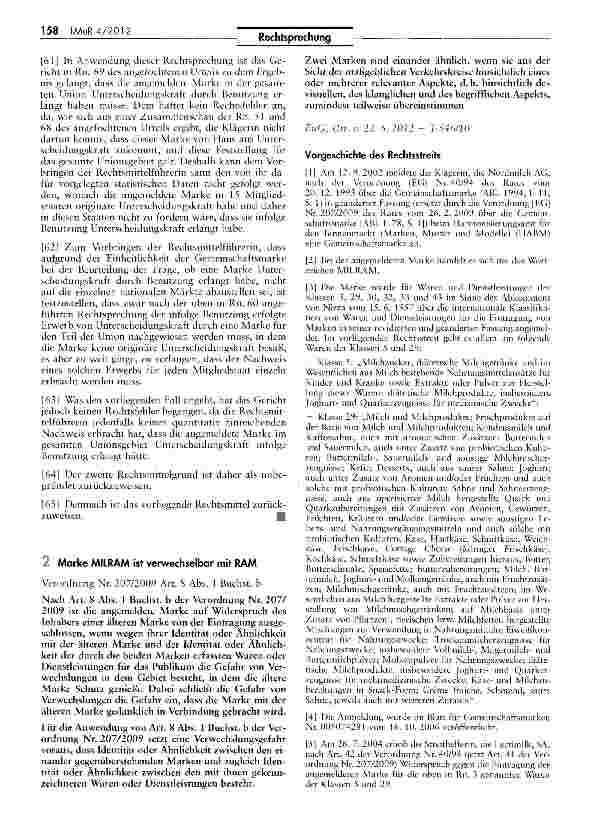Vorschauseite 1: Marke MILRAM ist verwechselbar mit RAM
