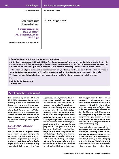 Vorschauseite 1: Leserbrief zum Sonderbeitrag: Konsensuspapier der DGK und DGAI Analgosedierung in der Kardiologie (Note: The text appears to be correctly spelled. )
