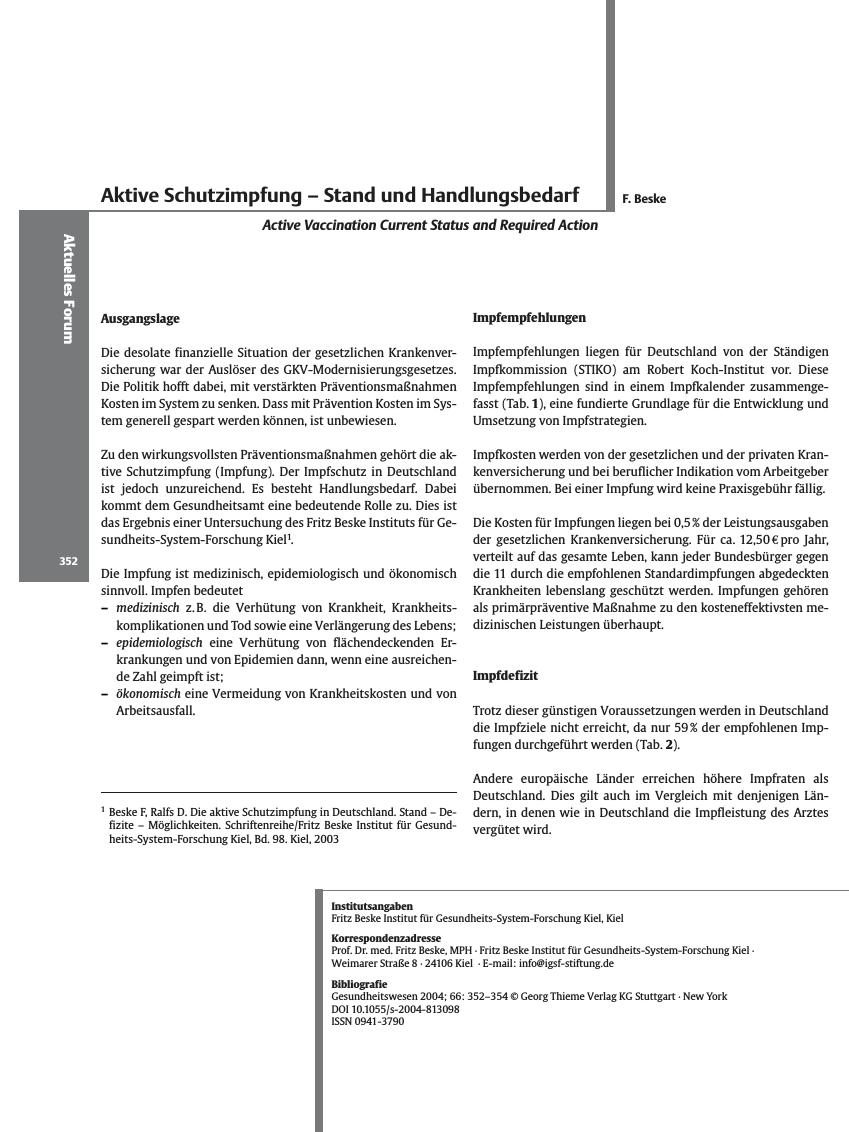 Vorschauseite 1: Aktive Schutzimpfung - Stand und Handlungsbedarf