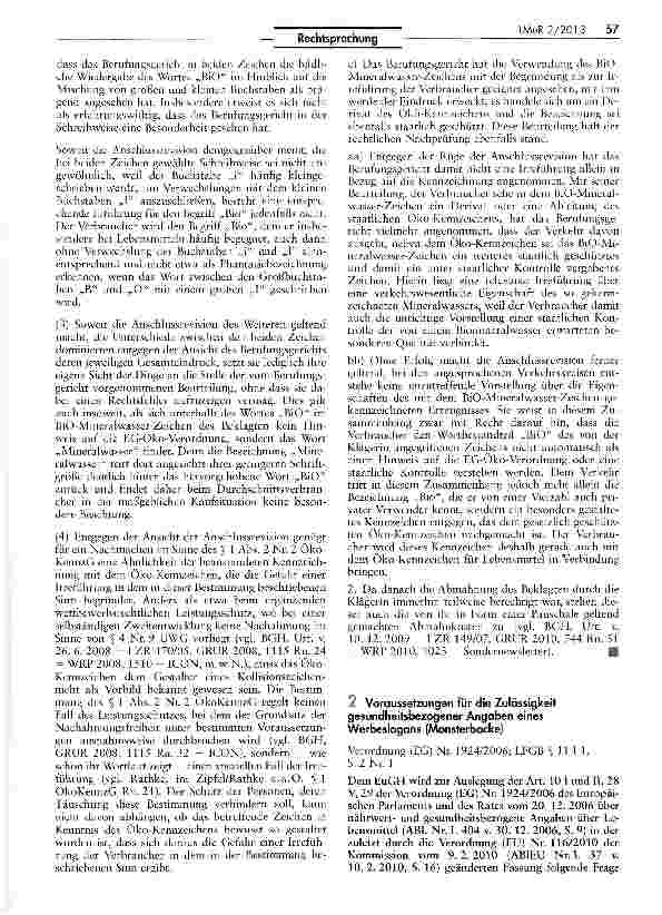 Vorschauseite 1: Voraussetzungen für die Zulässigkeit gesundheitsbezogener Angaben eines Werbeslogans (Monsterbacke) Verordnung (EG) Nr. 1924/2006; LFGB $ 11 I 1, S. 2 Nr. 1