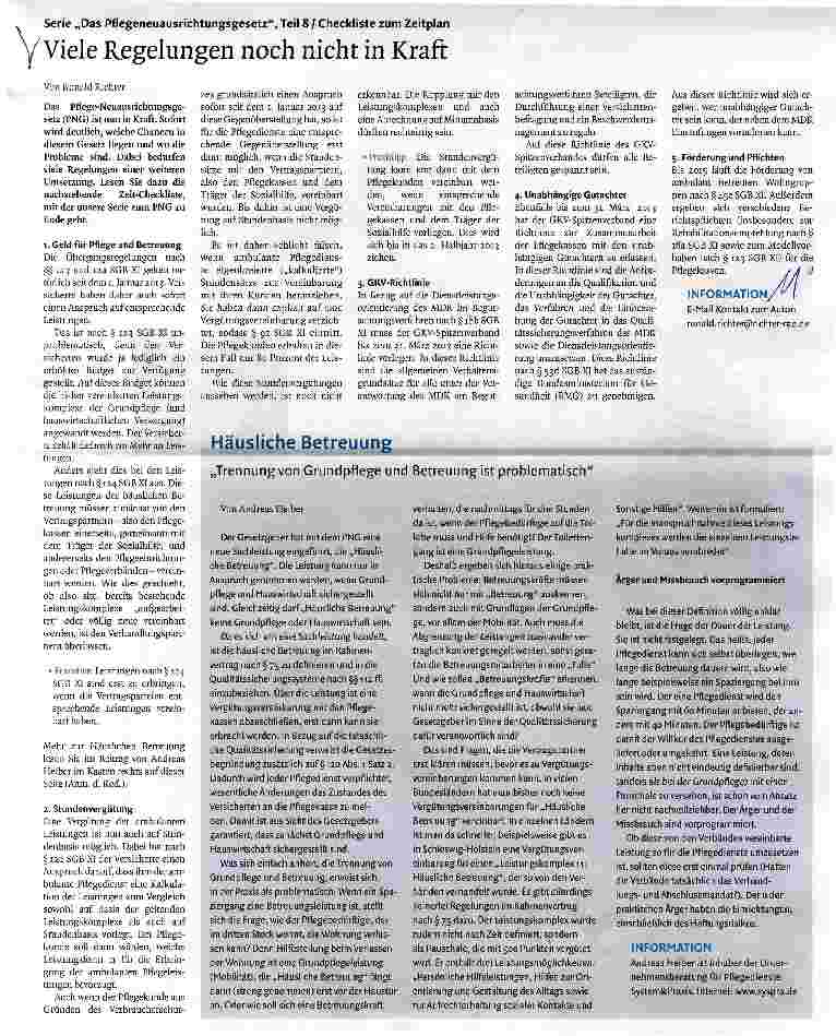 Vorschauseite 1: Serie „Das Pflegeneuausrichtungsgesetz, Teil 8 / Checkliste zum Zeitplan Viele Regelungen noch nicht in Kraft