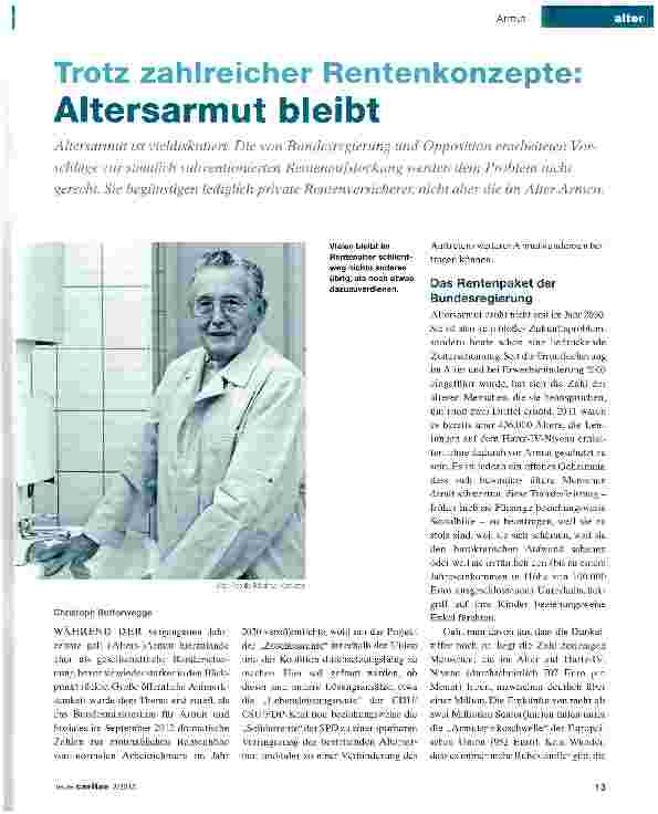 Vorschauseite 1: Trotz zahlreicher Rentenkonzepte: Altersarmut bleibt