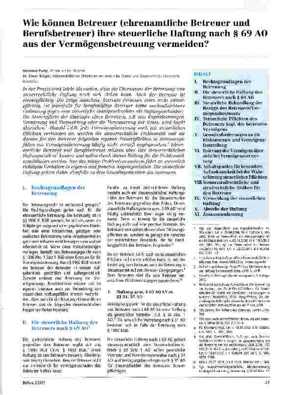 Vorschauseite 1: Wie können Betreuer (ehrenamtliche Betreuer und Berufsbetreuer) ihre steuerliche Haftung nach § 69 AO aus der Vermögensbetreuung vermeiden?