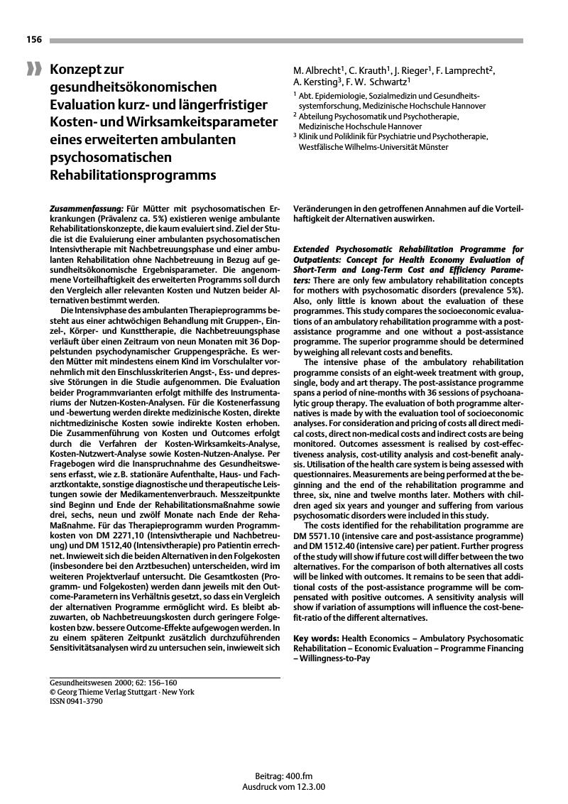 Vorschauseite 1: Konzept zur gesundheitsökonomischen Evaluation kurzund längerfristiger Kostenund Wirksamkeitsparameter eines erweiterten ambulanten psychosomatischen Rehabilitationsprogramms