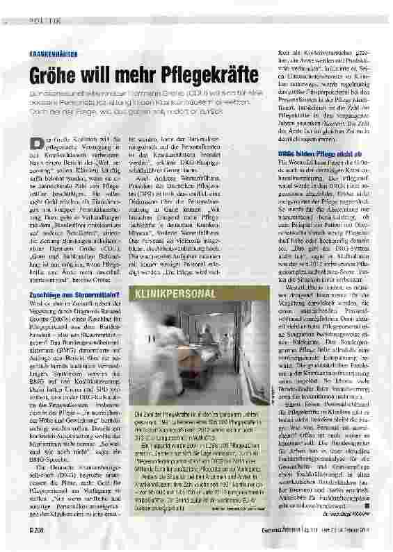 Vorschauseite 1: Gröhe will mehr Pflegekräfte