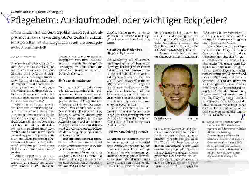 Vorschauseite 1: Zukunft der stationären VersorgungPflegeheim: Auslaufmodell oder wichtiger Eckpfeiler?