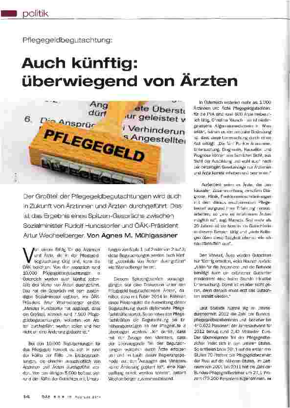 Vorschauseite 1: Pflegegeldbegutachtung:Auch künftig: überwiegend von Ärzten