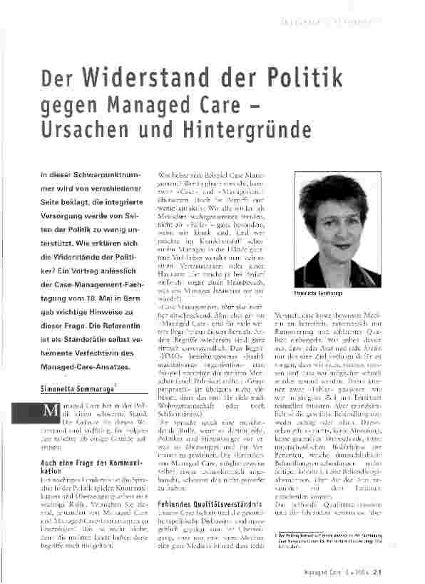 Vorschauseite 1: Der Widerstand der Politik gegen Managed Care -Ursachen und Hintergründe