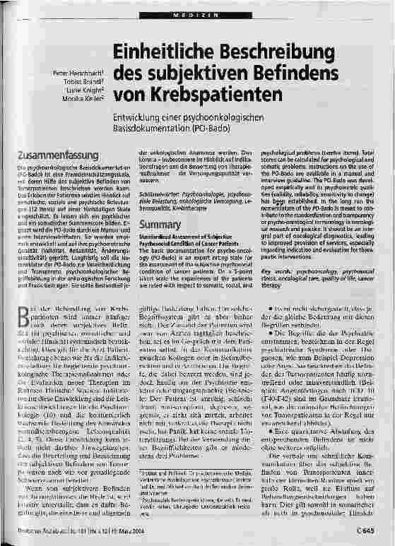 Vorschauseite 1: Einheitliche Beschreibung des subjektiven Befindens von Krebspatienten