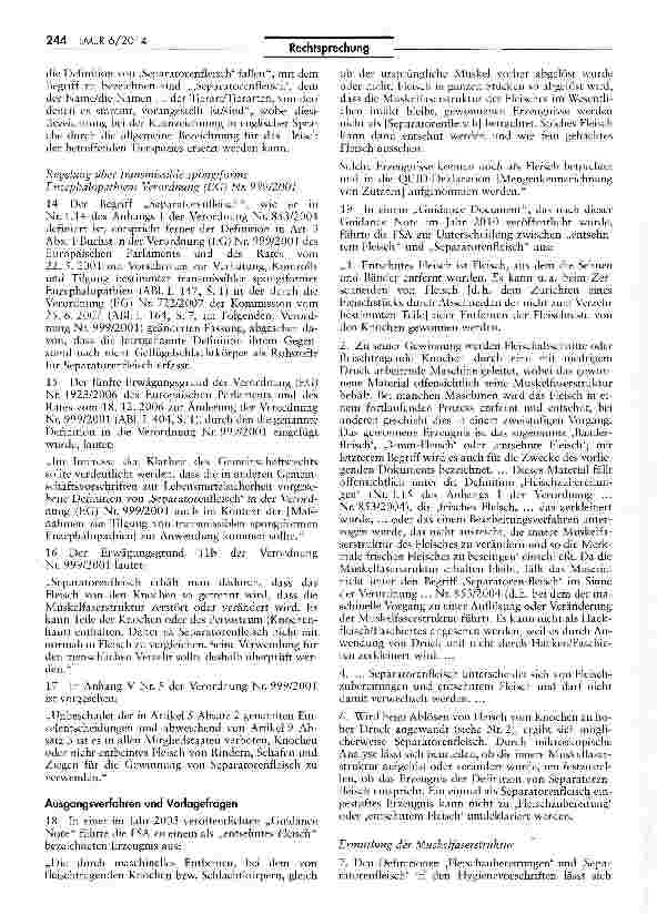 Vorschauseite 5: Einstufung von Fleischerzeugnissen als „Separatorenfleisch AUUV Art. 267; VO Nr. 853/2004 Art. 2 Nr. 2