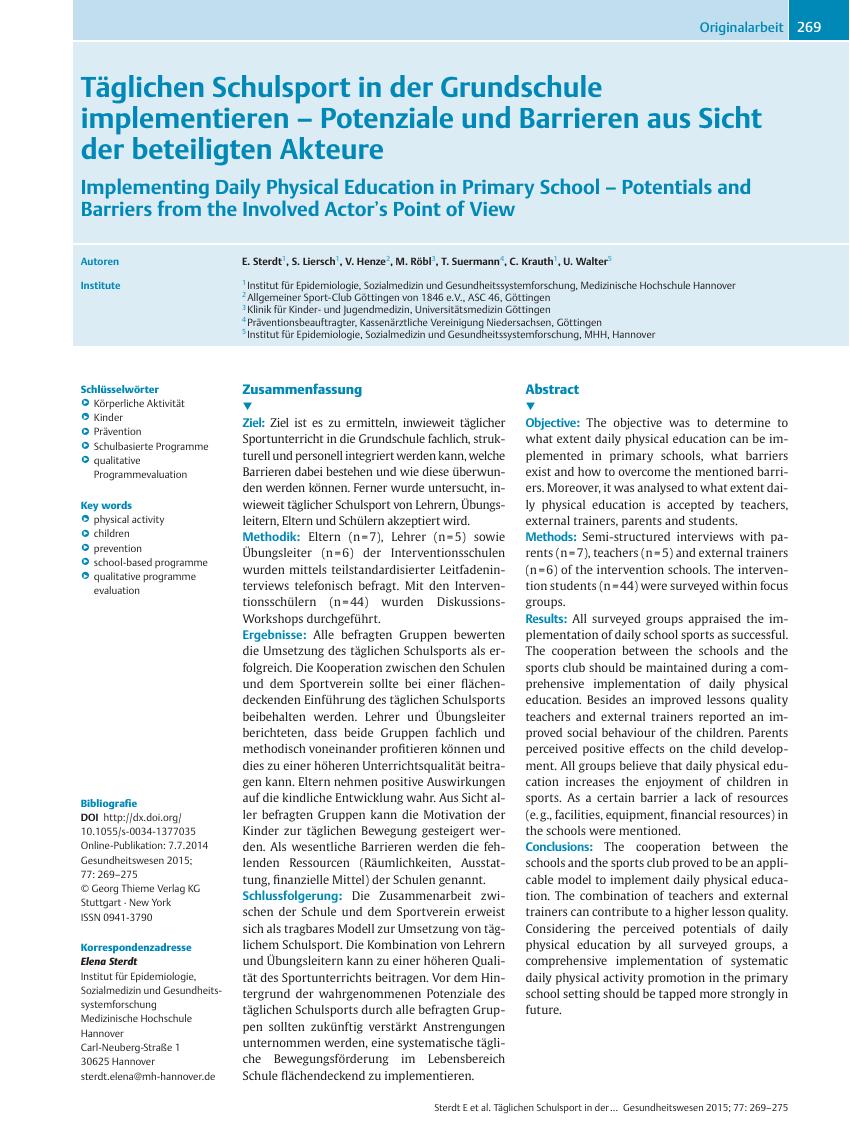 Vorschauseite 1: Täglichen Schulsport in der Grundschule implementieren – Potenziale und Barrieren aus Sicht der beteiligten Akteure