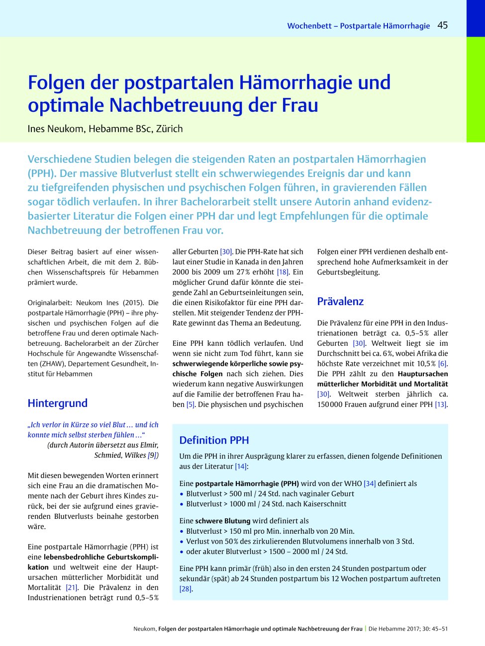 Vorschauseite 1: Folgen der postpartalen Hämorrhagie und optimale Nachbetreuung der Frau