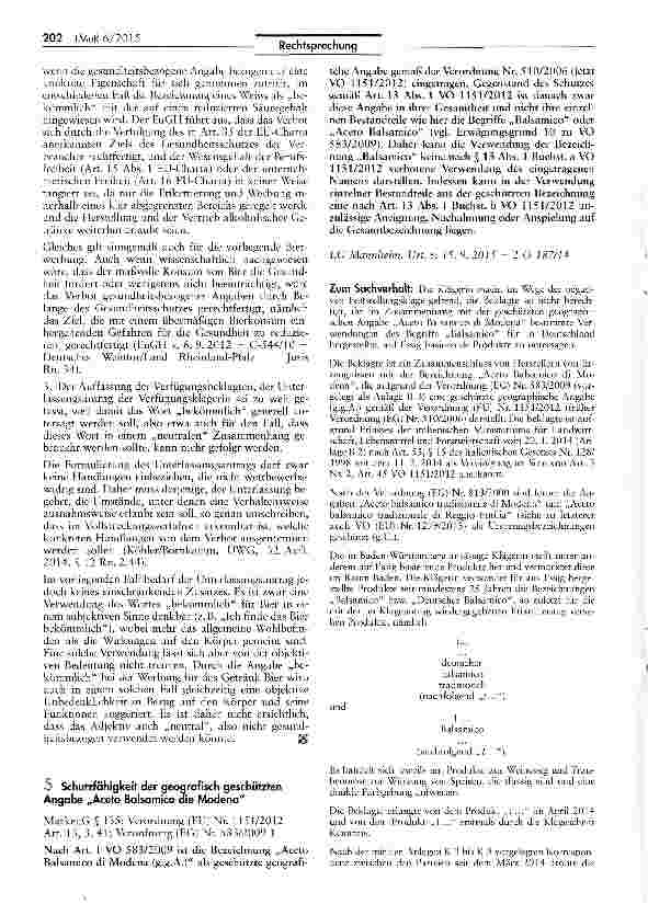 Vorschauseite 1: Schutzfähigkeit der geoqrafisch geschützten Angabe „Aceto Balsamico die Modena